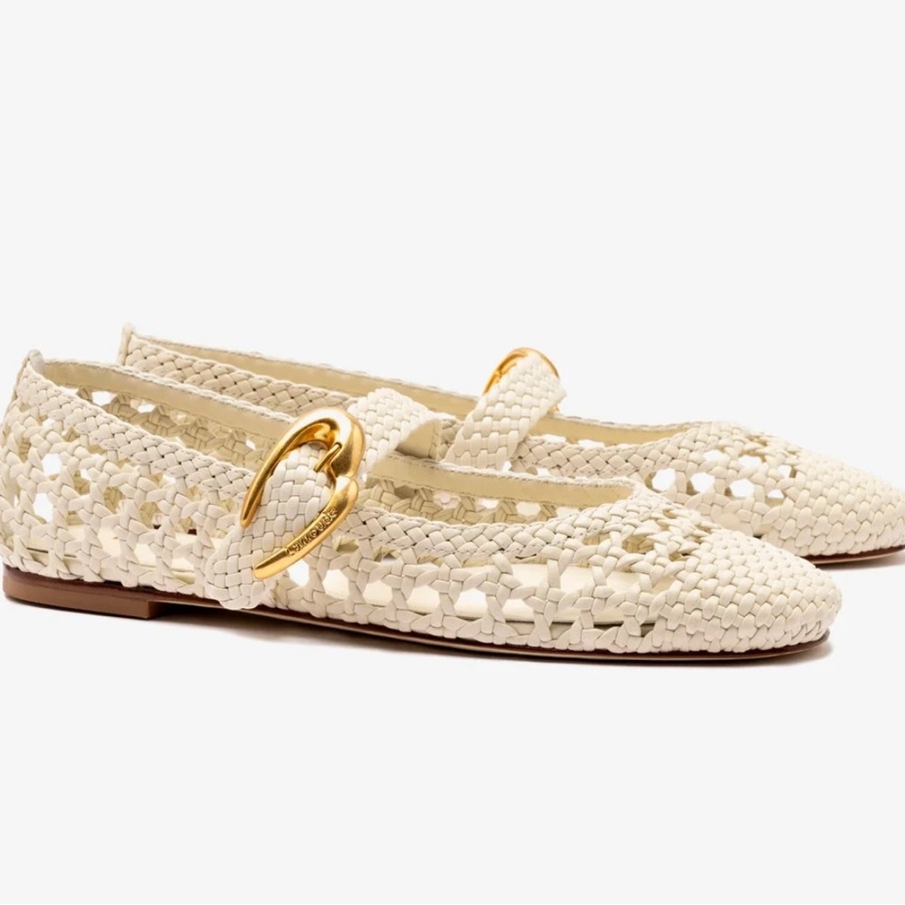 Larroude Cream Woven Flats with Gold Buckle